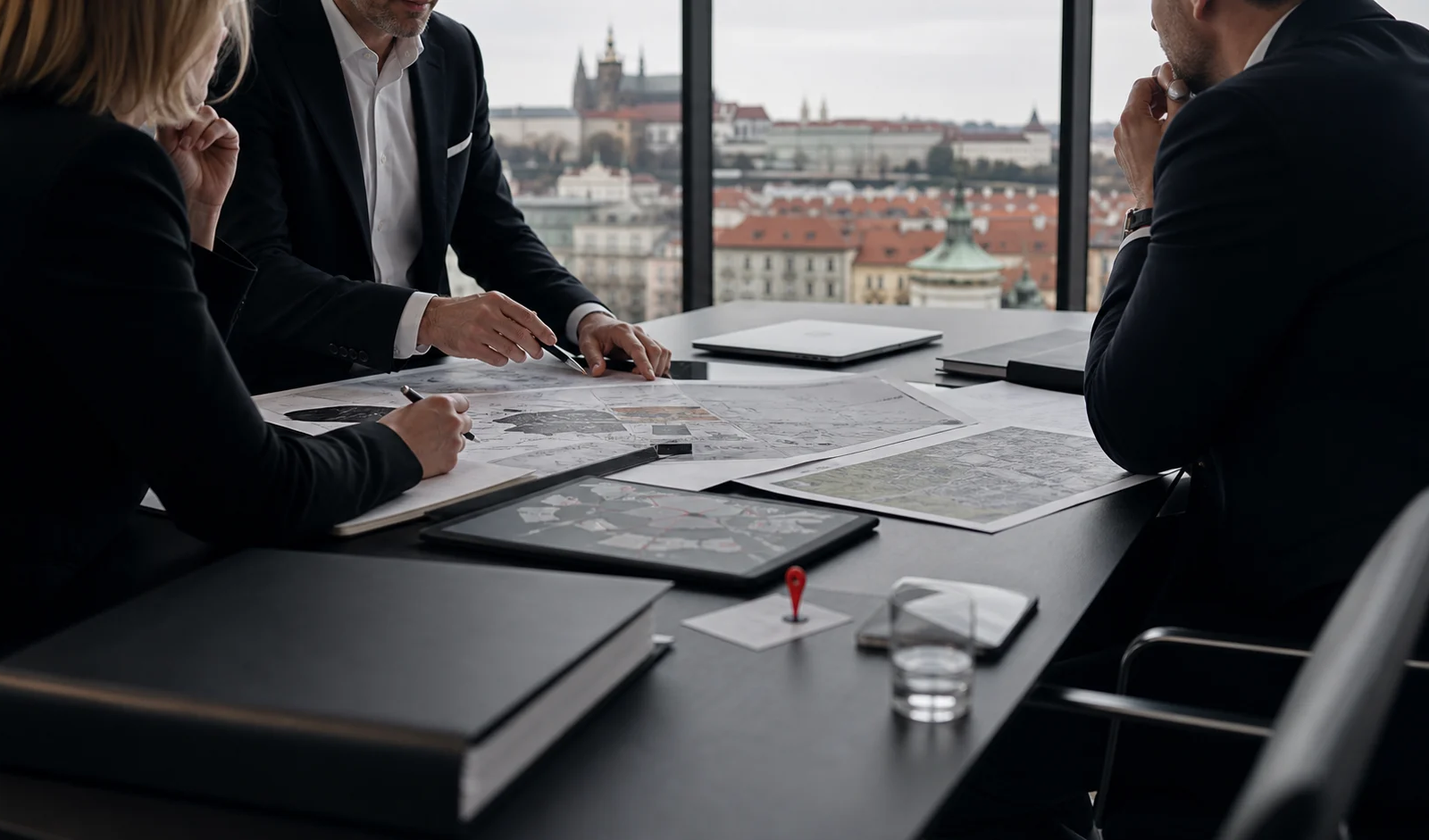 Analytička čte dokumenty u stolu před investičním rozhodnutím, klidná prověřovací práce.