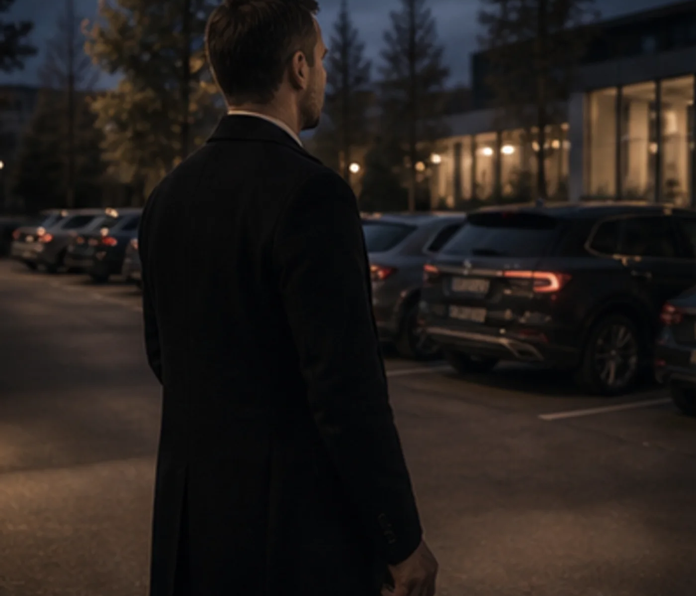 Člen týmu v civilu prověřuje vstupní halu před příchodem klienta — ochrana je hlavně příprava.