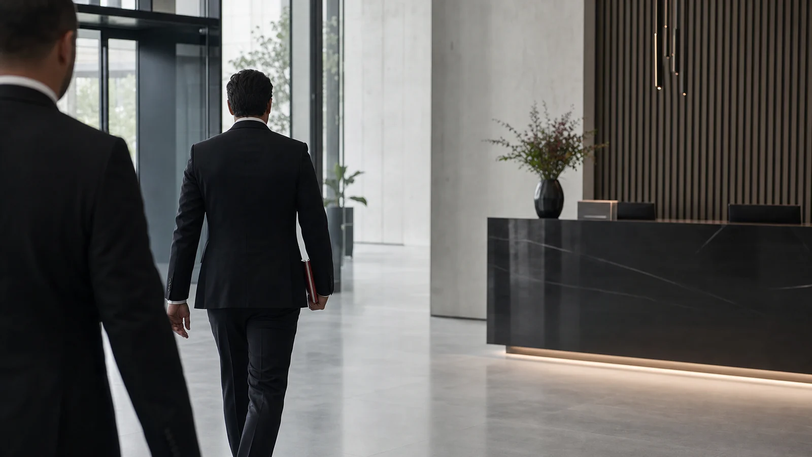 Člen týmu v civilu prověřuje vstupní halu před příchodem klienta — ochrana je hlavně příprava.
